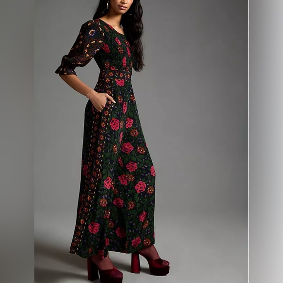 FARM Rio Pants - Farm Rio Jumpsuit Smoked Wide Leg  3/4 Sleeve Vibrant Florals Holidays SZ L EUC